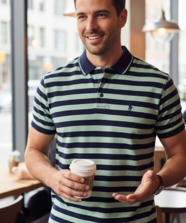 Men's Striped Jersey Polo Shirt - Navy & Mint Green
