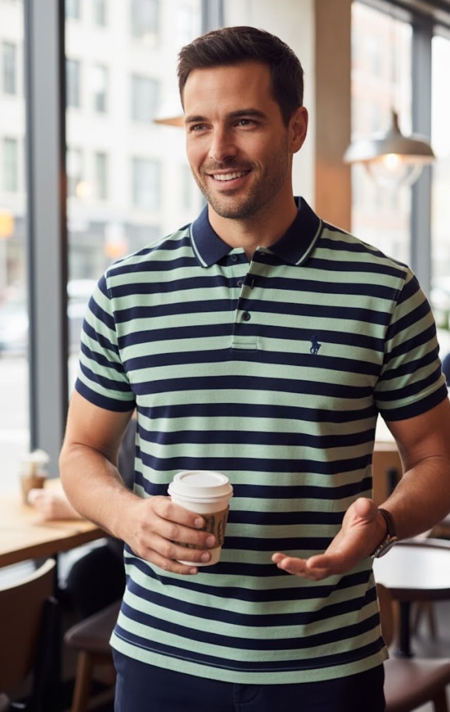 Men's Striped Jersey Polo Shirt - Navy & Mint Green