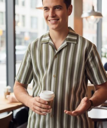 Men’s Striped Popcorn Fabric Shirt – 80% Cotton Casual Summer Wear