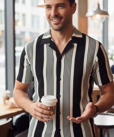 Men’s Striped Popcorn Fabric Shirt – 80% Cotton Casual Summer Wear| Black & White