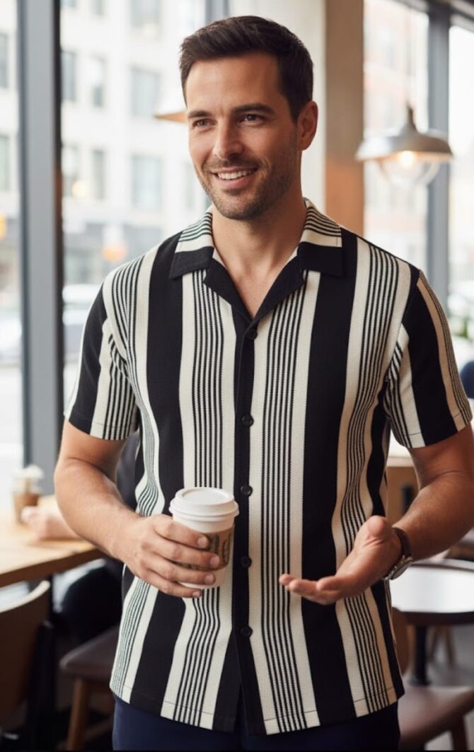 Men’s Striped Popcorn Fabric Shirt – 80% Cotton Casual Summer Wear| Black & White