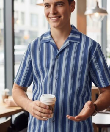 Men’s Striped Popcorn Fabric Shirt – 80% Cotton Casual Summer Wear| Blue & White