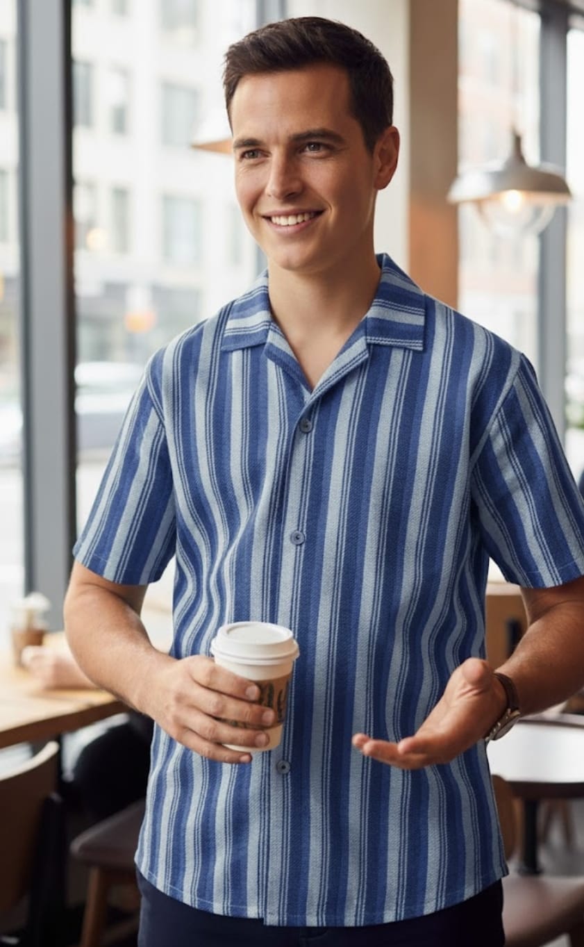 Men’s Striped Popcorn Fabric Shirt – 80% Cotton Casual Summer Wear| Blue & White