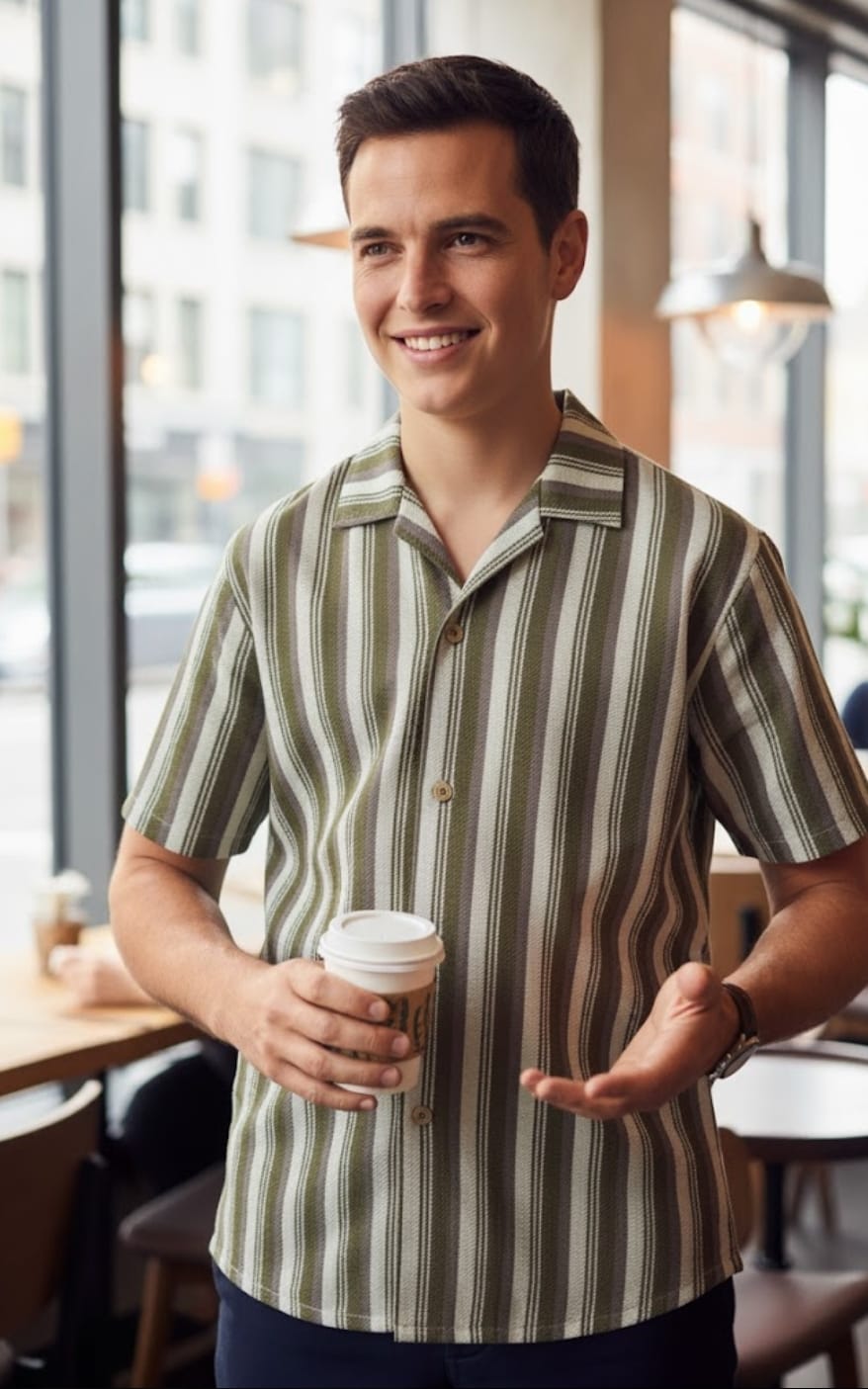 Men’s Striped Popcorn Fabric Shirt – 80% Cotton Casual Summer Wear