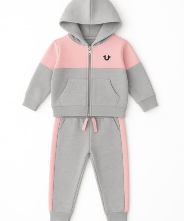 Kids Grey & Pink Colorblock Tracksuit – Soft Fleece Hoodie & Jogger Set