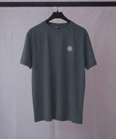 Men's Dark Green Textured Knit T-Shirt with Chest Emblem